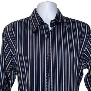 7 Diamonds Men’s Long Sleeve Button-Up Shirt Navy & Light Blue Stripe 100%Cotton